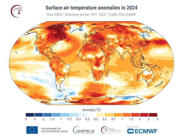 A temperatura média global de 2024 foi a mais alta já registrada e a primeira acima de 1,5 °C